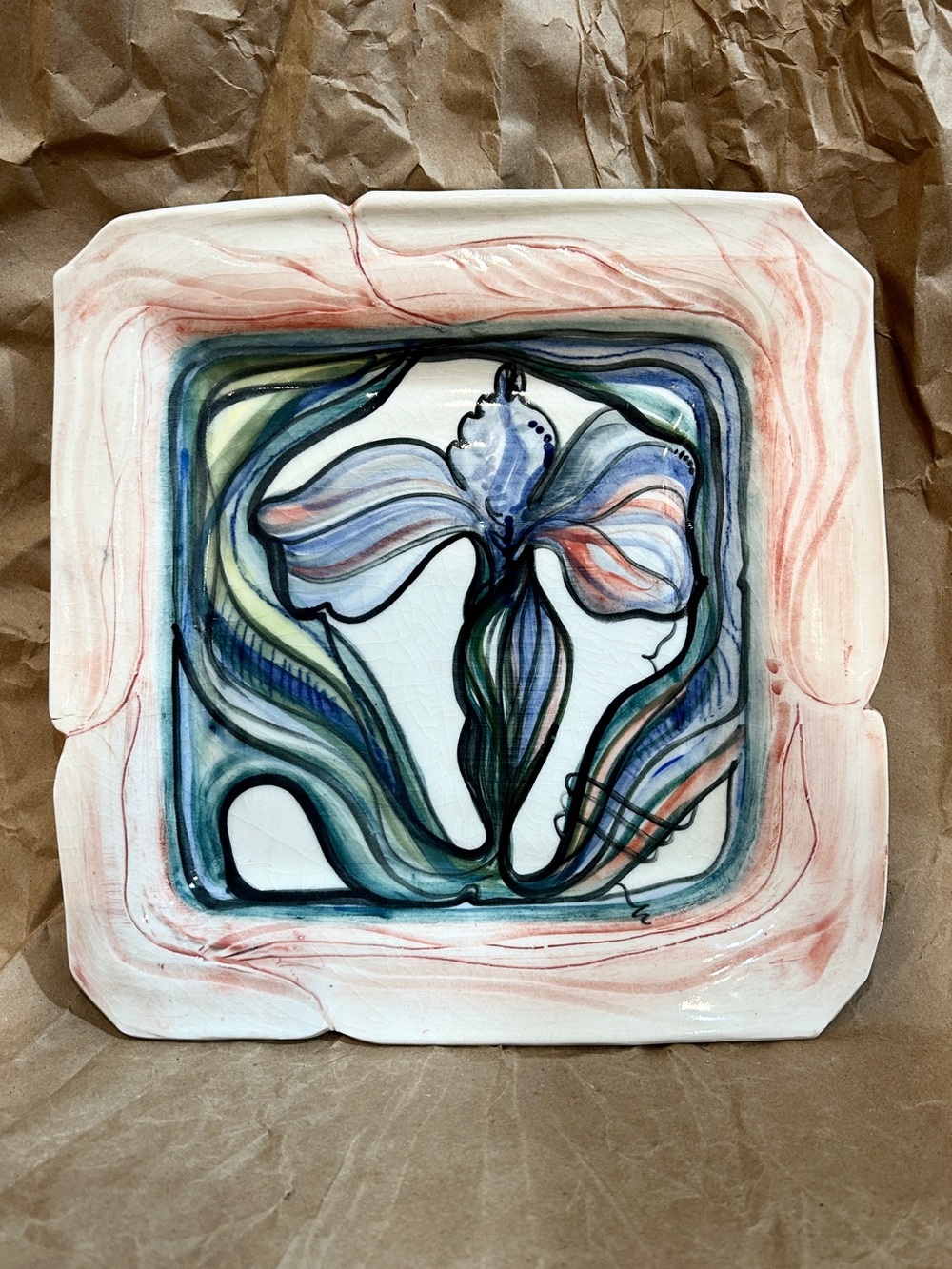 Vtg Clay Born Pottery Nancy R. Salamon Iris Pattern Deep Server Platter Plate 9”
